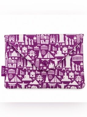 Ipsy Purple Travel Landmarks Cosmetic Bag Makeup Pouch Envelope Snap Closure